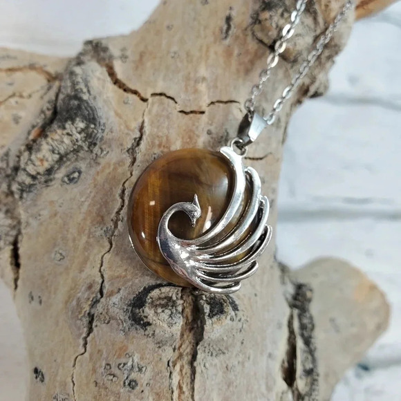 Cats Eye Rising Phoenix Amulet Natural Stone Pendant Necklace Peacock Bird - Picture 9 of 9